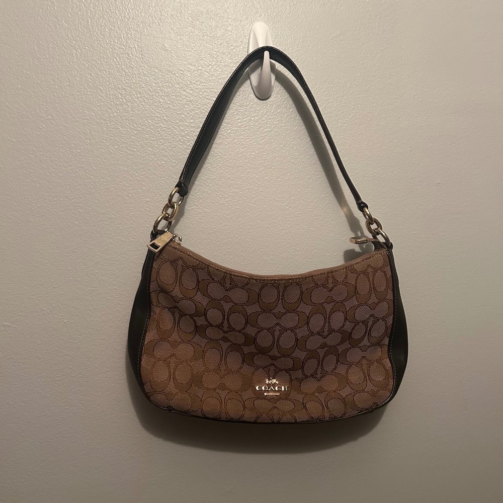 Coach Shoulder Bag Womens Small Brown Signature Canvas Leather Trim 37584 Chesea